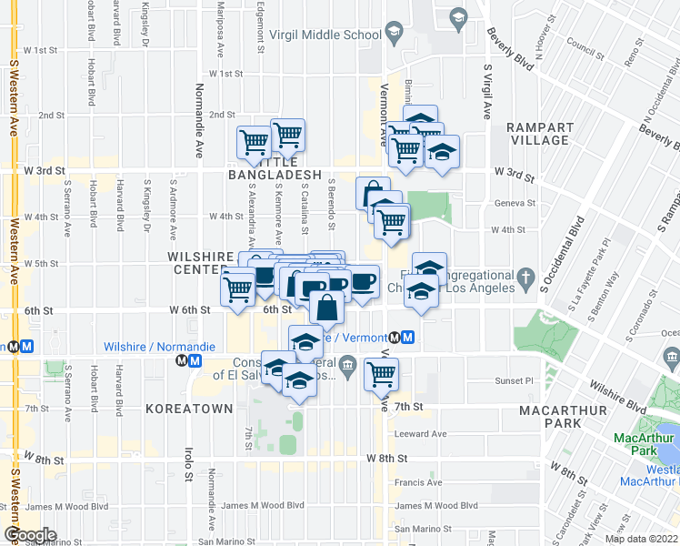 map of restaurants, bars, coffee shops, grocery stores, and more near 501 South Berendo Street in Los Angeles