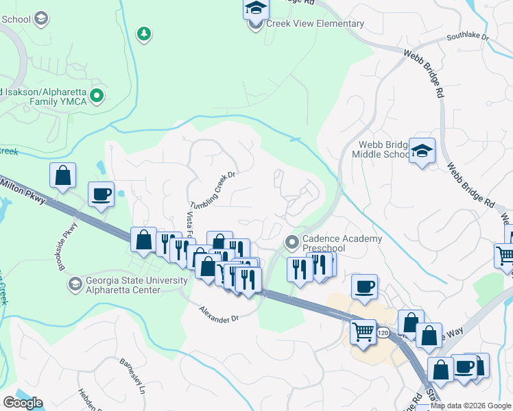 map of restaurants, bars, coffee shops, grocery stores, and more near 900 Highmeade Drive in Alpharetta