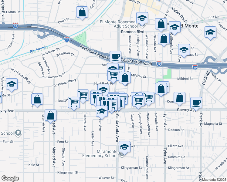 map of restaurants, bars, coffee shops, grocery stores, and more near 4003 Valley Oak Lane in El Monte