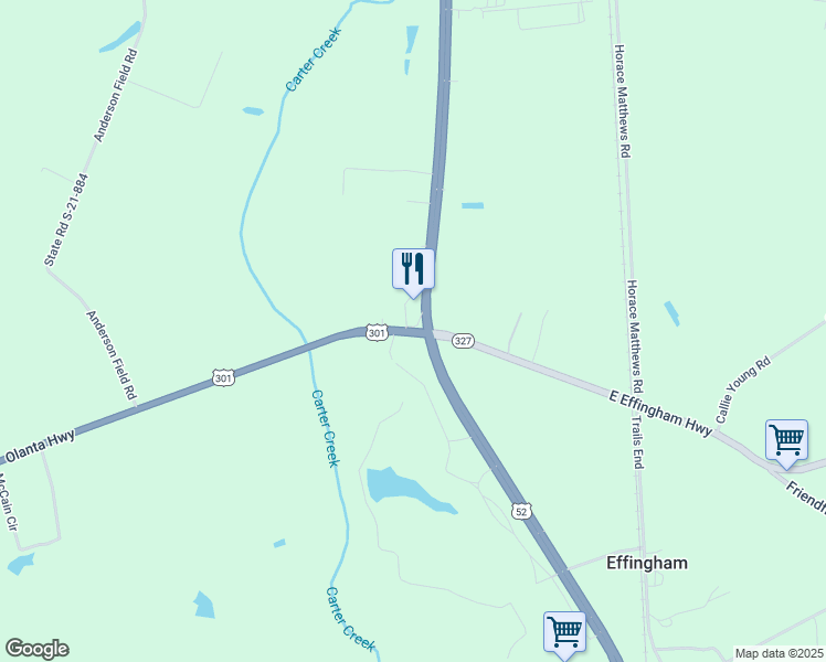 map of restaurants, bars, coffee shops, grocery stores, and more near 124 Olanta Highway in Effingham