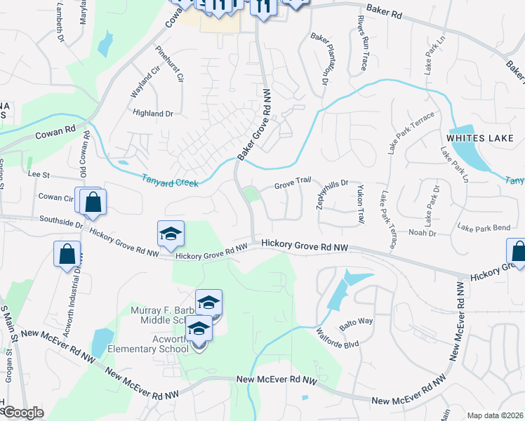 map of restaurants, bars, coffee shops, grocery stores, and more near 4451 Grove Drive Northwest in Acworth