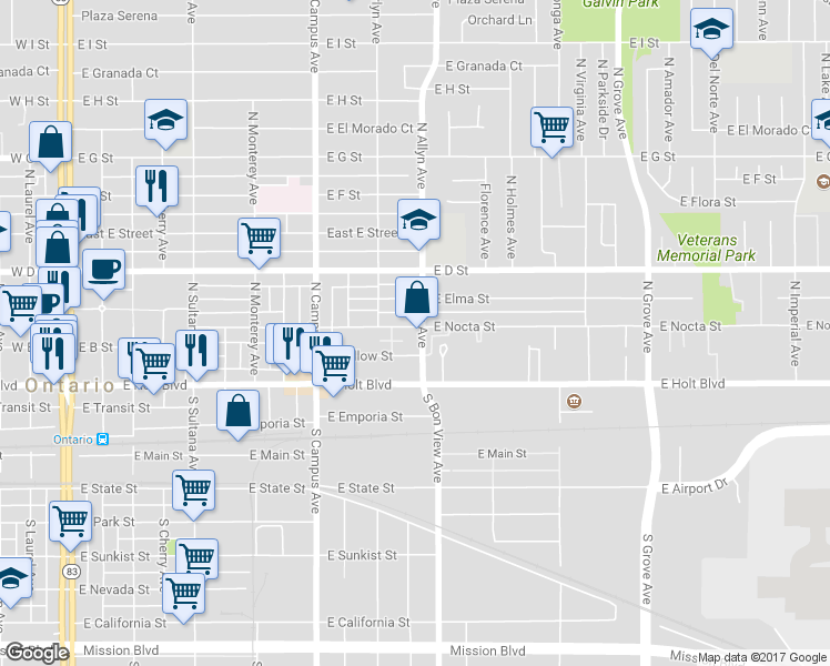 map of restaurants, bars, coffee shops, grocery stores, and more near 225 N Allyn Ave in Ontario
