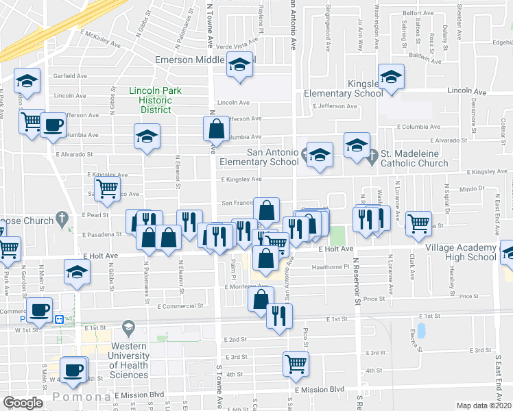 map of restaurants, bars, coffee shops, grocery stores, and more near 687 North Caswell Avenue in Pomona