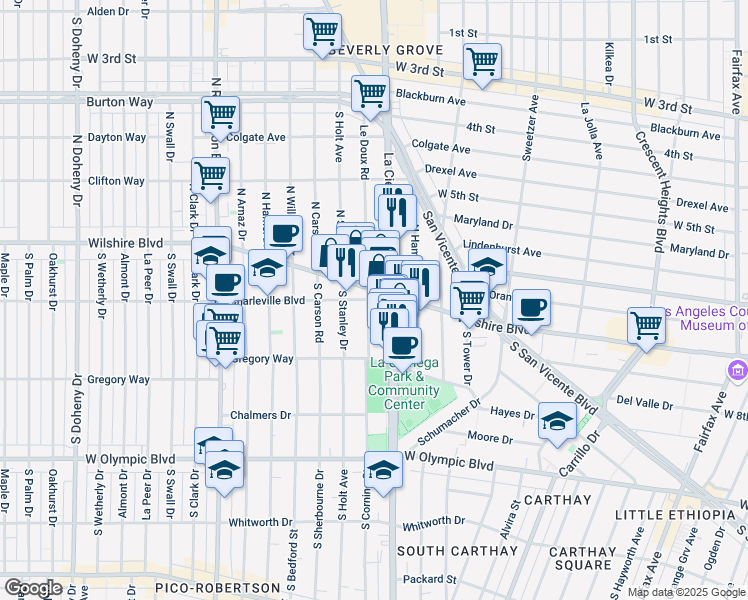 map of restaurants, bars, coffee shops, grocery stores, and more near 200s Le Doux Road in Beverly Hills