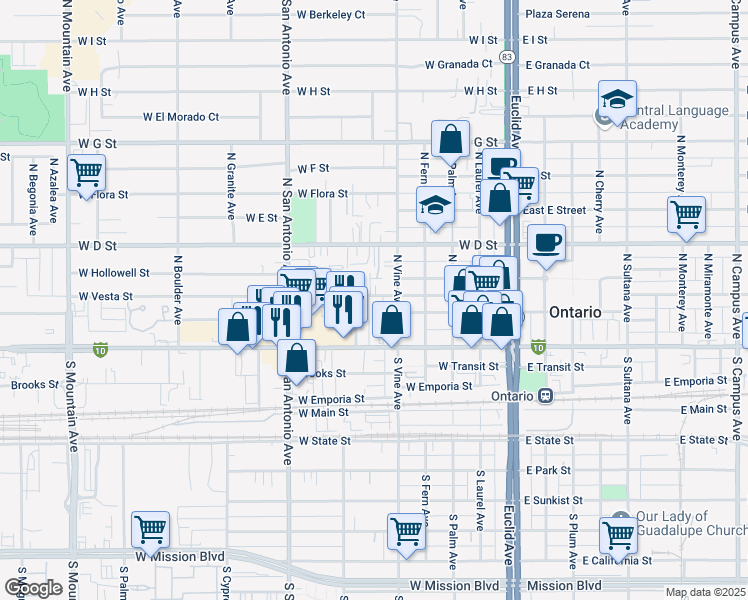 map of restaurants, bars, coffee shops, grocery stores, and more near 525 West Vesta Street in Ontario
