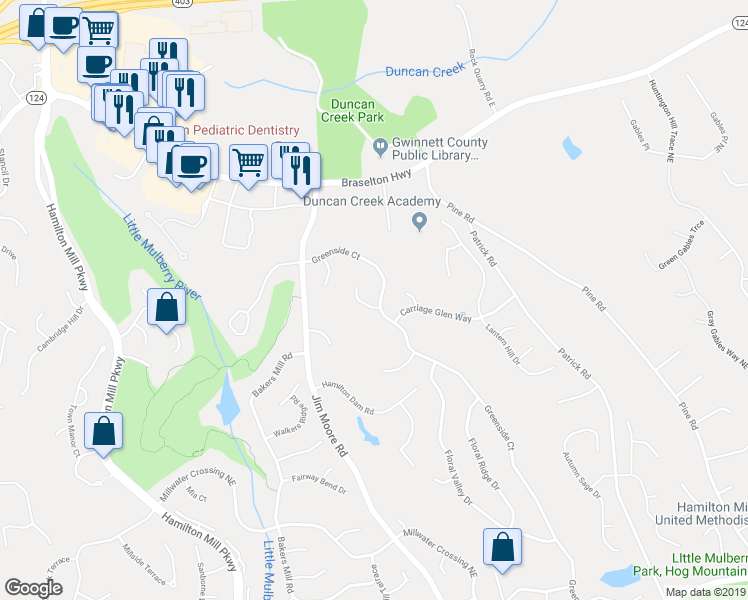 map of restaurants, bars, coffee shops, grocery stores, and more near 3506 Glen Mist Place in Dacula
