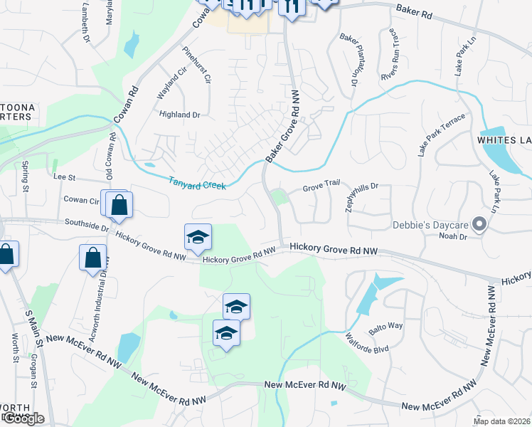 map of restaurants, bars, coffee shops, grocery stores, and more near 4576 Grove Park Way Northwest in Acworth