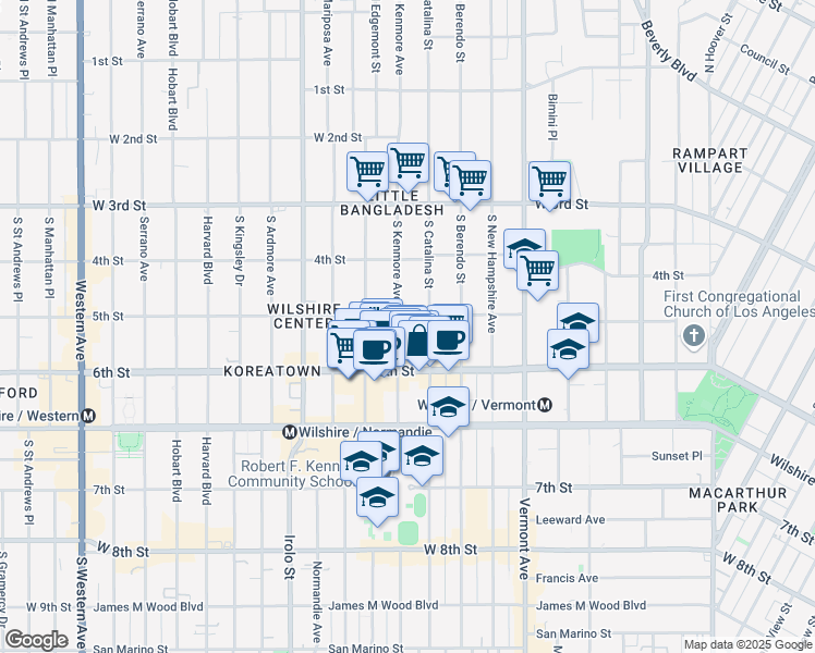 map of restaurants, bars, coffee shops, grocery stores, and more near 510 South Kenmore Avenue in Los Angeles