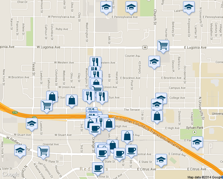 map of restaurants, bars, coffee shops, grocery stores, and more near 932 6th Street in Redlands