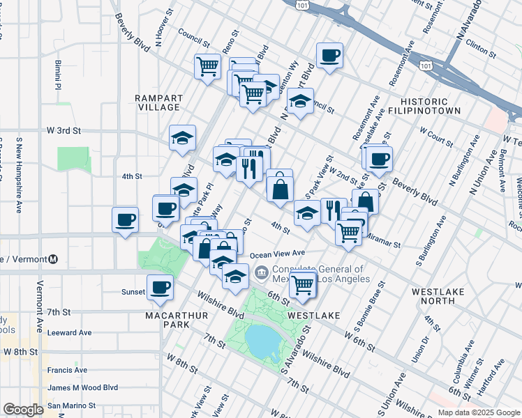 map of restaurants, bars, coffee shops, grocery stores, and more near 314 South Coronado Street in Los Angeles