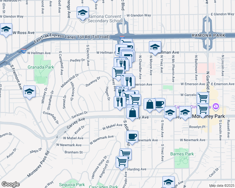 map of restaurants, bars, coffee shops, grocery stores, and more near 2340 Hathaway Avenue in Alhambra