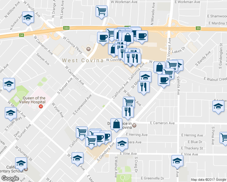map of restaurants, bars, coffee shops, grocery stores, and more near 724 South Greenberry Drive in West Covina