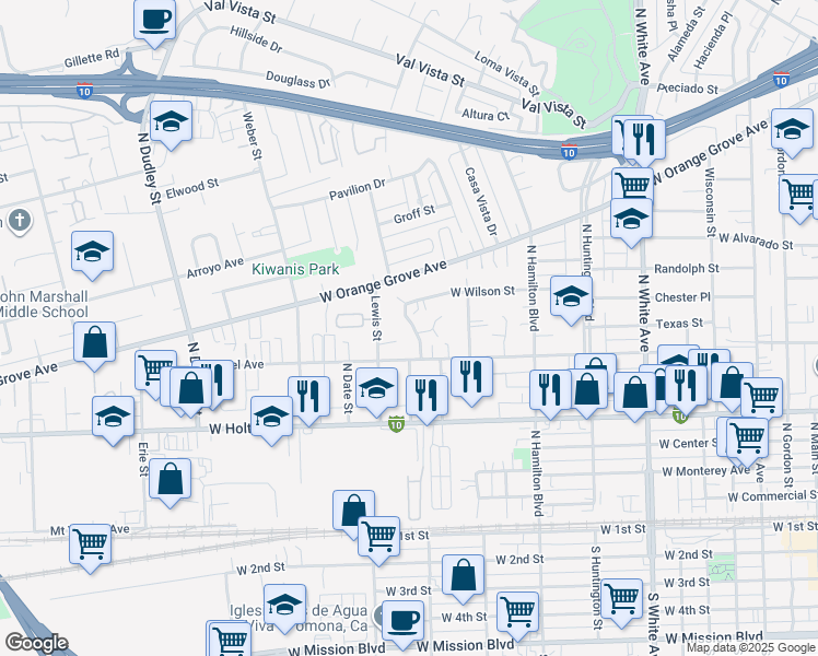 map of restaurants, bars, coffee shops, grocery stores, and more near 801 North Currier Street in Pomona