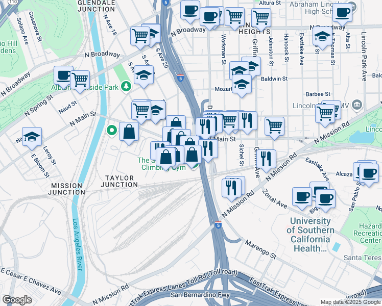 map of restaurants, bars, coffee shops, grocery stores, and more near 629 South Avenue 21 in Los Angeles