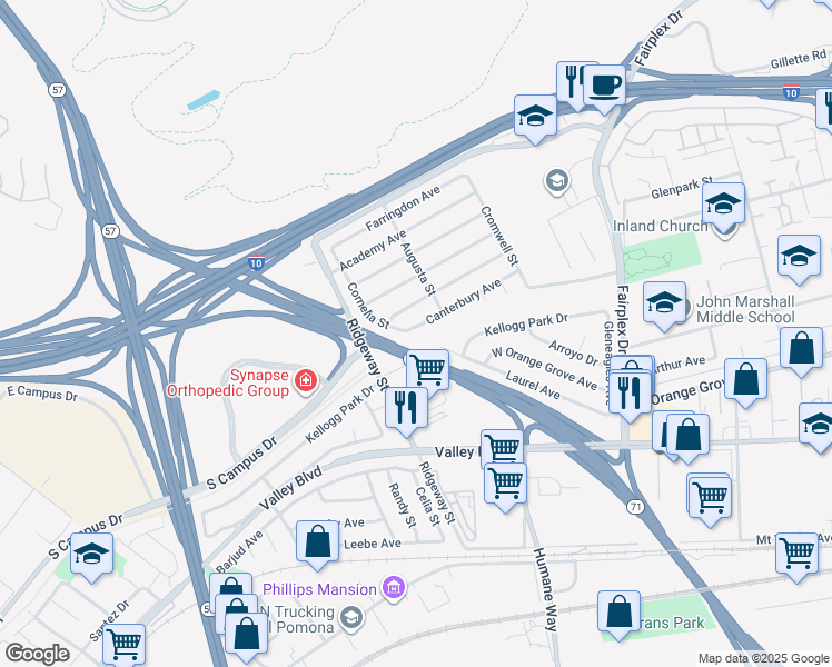 map of restaurants, bars, coffee shops, grocery stores, and more near 2384 Canterbury Avenue in Pomona