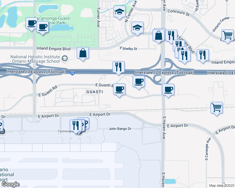 map of restaurants, bars, coffee shops, grocery stores, and more near 3200 East Guasti Road in Ontario