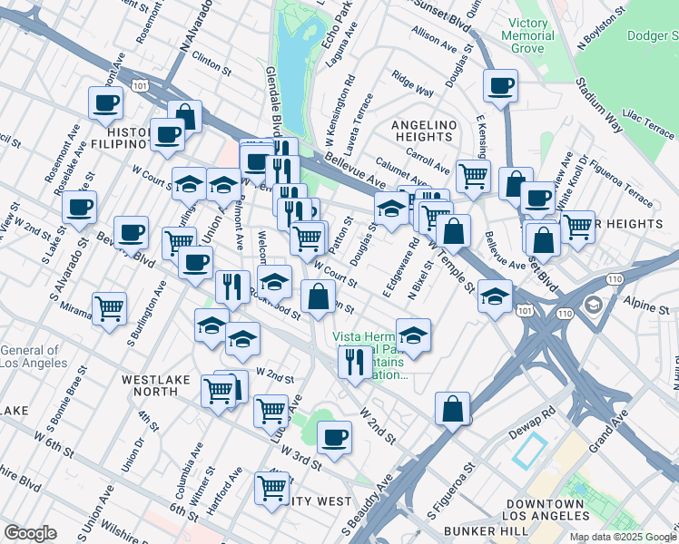 map of restaurants, bars, coffee shops, grocery stores, and more near 1409 West Court Street in Los Angeles