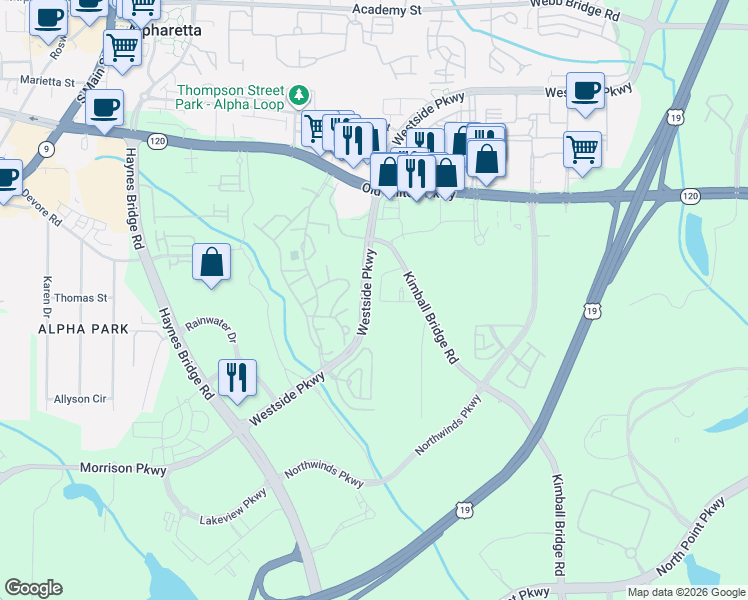 map of restaurants, bars, coffee shops, grocery stores, and more near 11725 Stratham Drive in Alpharetta