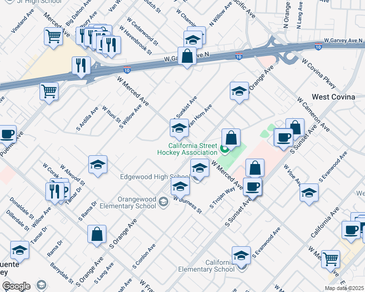 map of restaurants, bars, coffee shops, grocery stores, and more near 1842 West Merced Avenue in West Covina