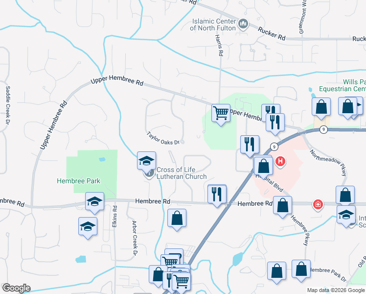 map of restaurants, bars, coffee shops, grocery stores, and more near 1160 Taylor Oaks Drive in Roswell