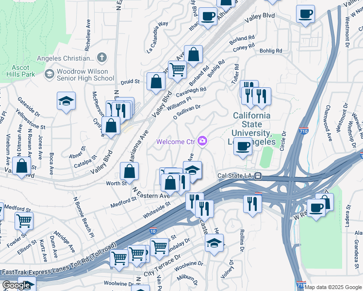 map of restaurants, bars, coffee shops, grocery stores, and more near 1930 Heidleman Road in Los Angeles