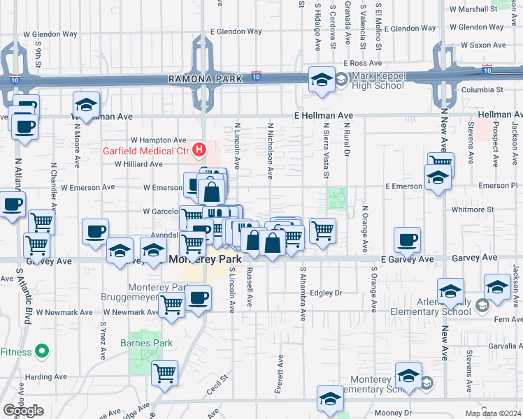 map of restaurants, bars, coffee shops, grocery stores, and more near 303 North Nicholson Avenue in Monterey Park