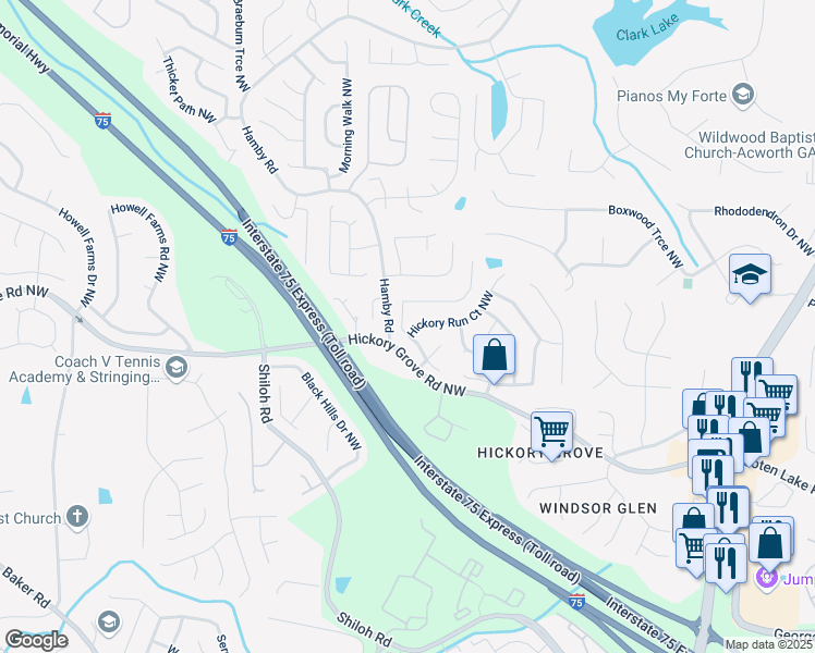map of restaurants, bars, coffee shops, grocery stores, and more near 4581 Hickory Run Court Northwest in Acworth
