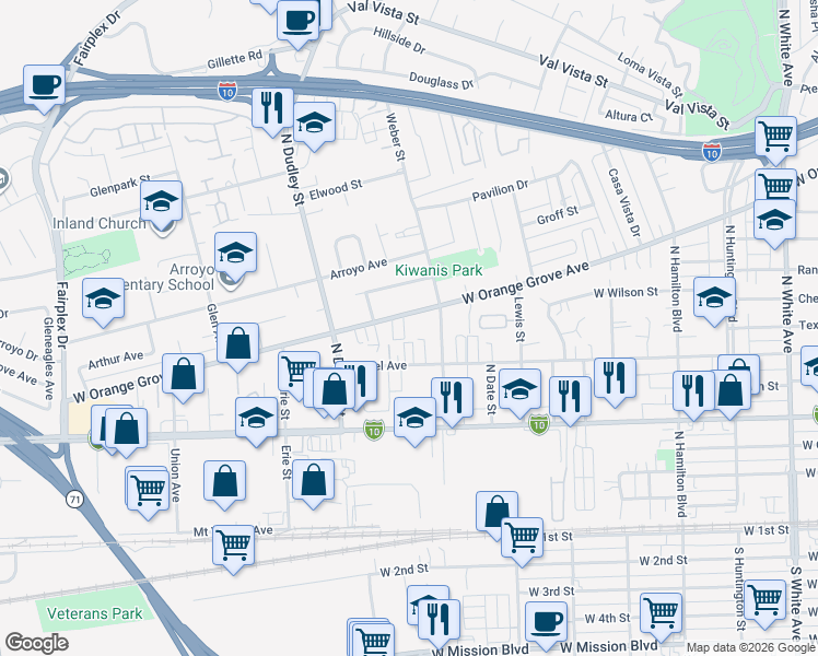 map of restaurants, bars, coffee shops, grocery stores, and more near 1358 West Orange Grove Avenue in Pomona