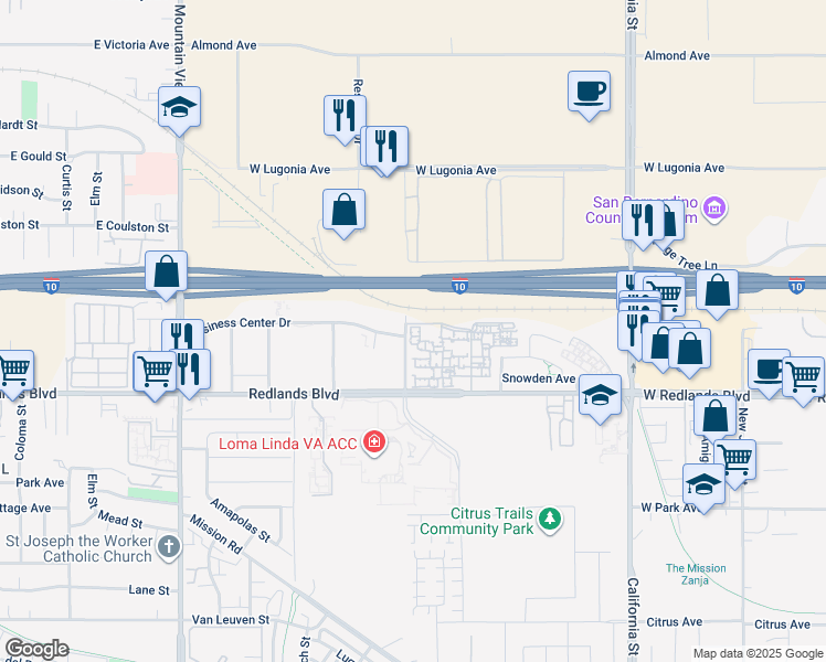map of restaurants, bars, coffee shops, grocery stores, and more near 26200 Redlands Boulevard in Redlands