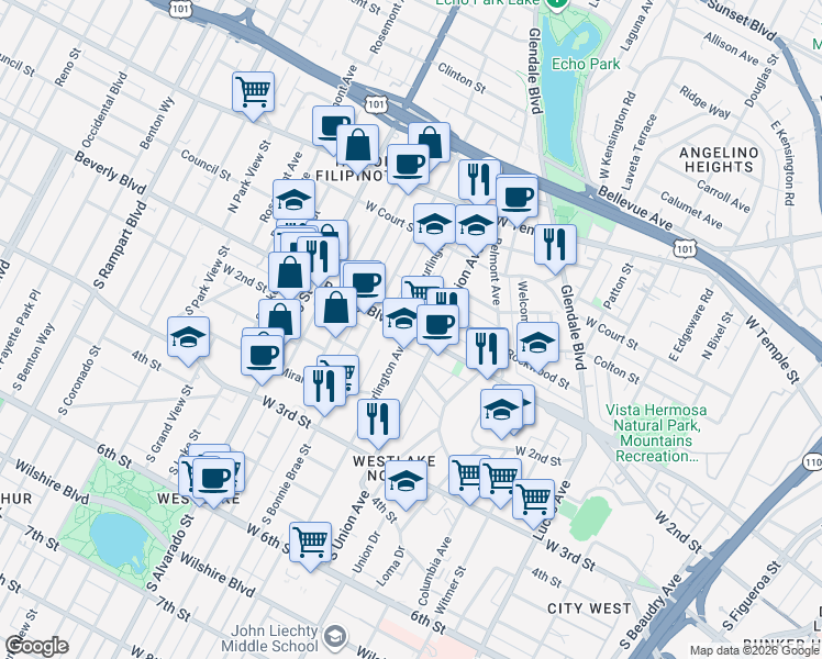 map of restaurants, bars, coffee shops, grocery stores, and more near 1711 Beverly Boulevard in Los Angeles