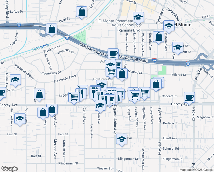 map of restaurants, bars, coffee shops, grocery stores, and more near 4005 Valley Oak Lane in El Monte