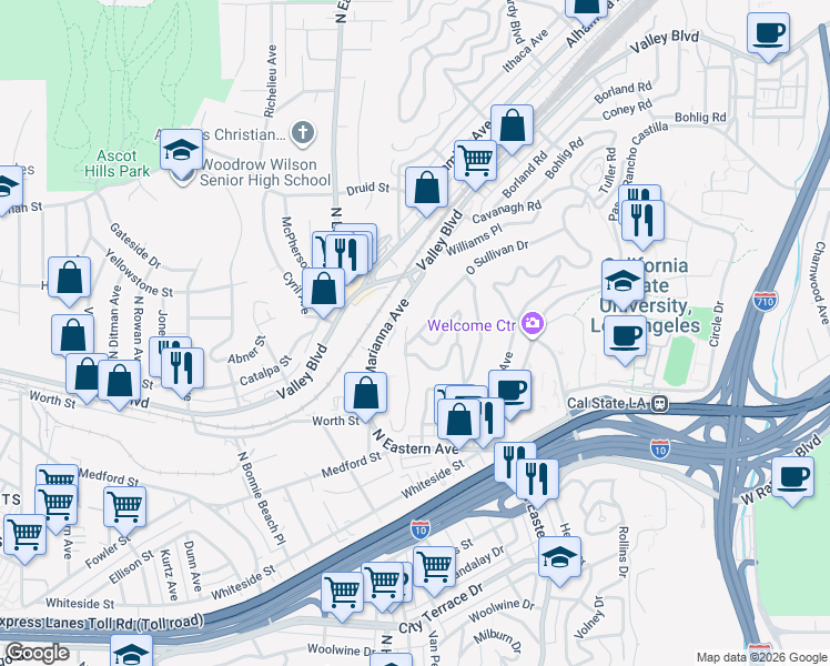 map of restaurants, bars, coffee shops, grocery stores, and more near 4815 O Sullivan Drive in Los Angeles