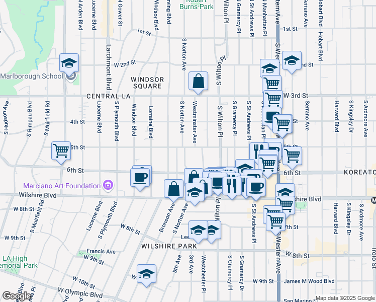 map of restaurants, bars, coffee shops, grocery stores, and more near 506 South Norton Avenue in Los Angeles