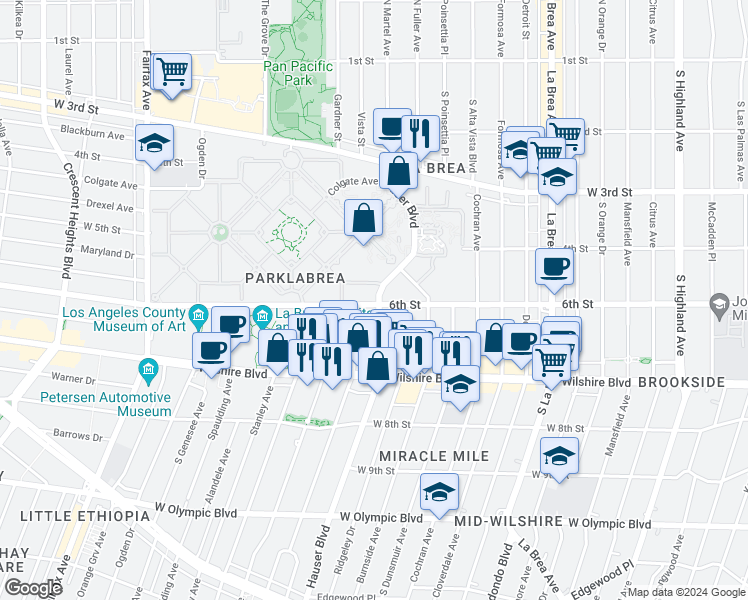 map of restaurants, bars, coffee shops, grocery stores, and more near 5661 West 6th Street in Los Angeles