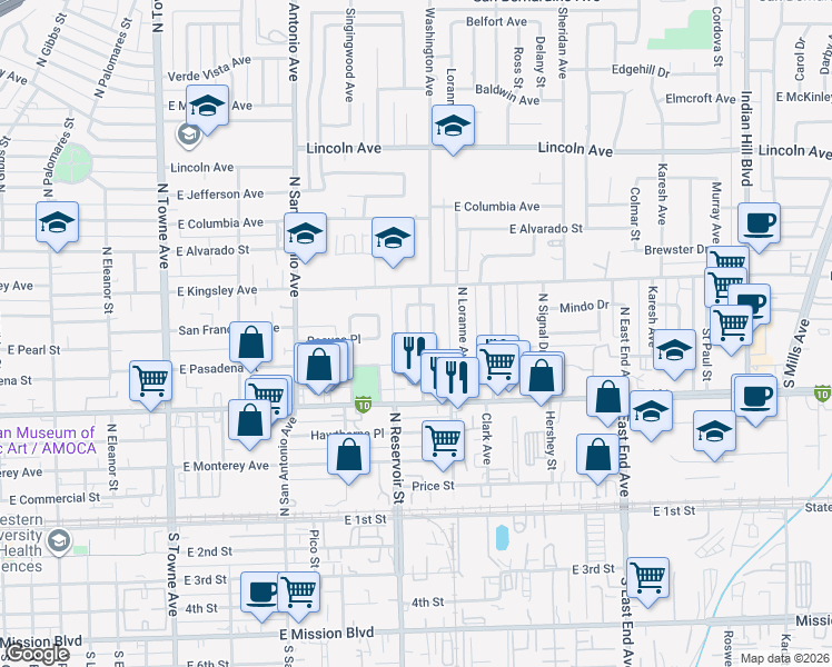 map of restaurants, bars, coffee shops, grocery stores, and more near 678 North Reservoir Street in Pomona