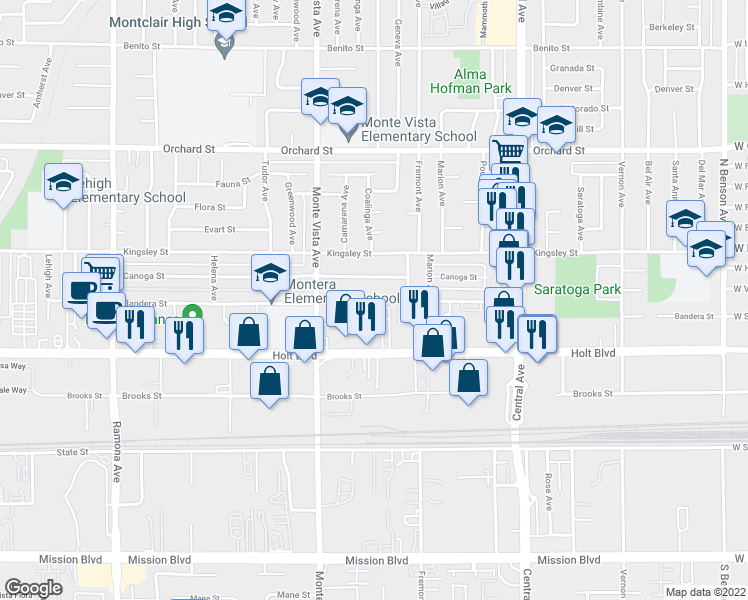 map of restaurants, bars, coffee shops, grocery stores, and more near 5016 Bandera Street in Montclair