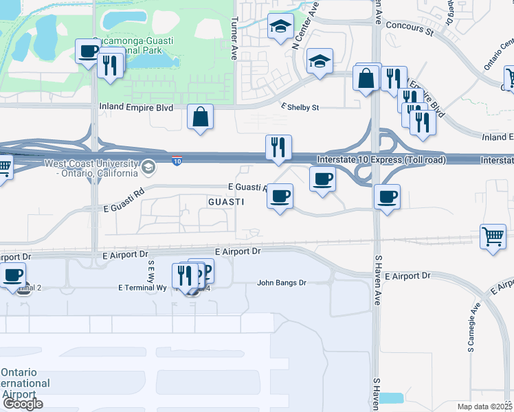 map of restaurants, bars, coffee shops, grocery stores, and more near 3110 East Guasti Road in Ontario