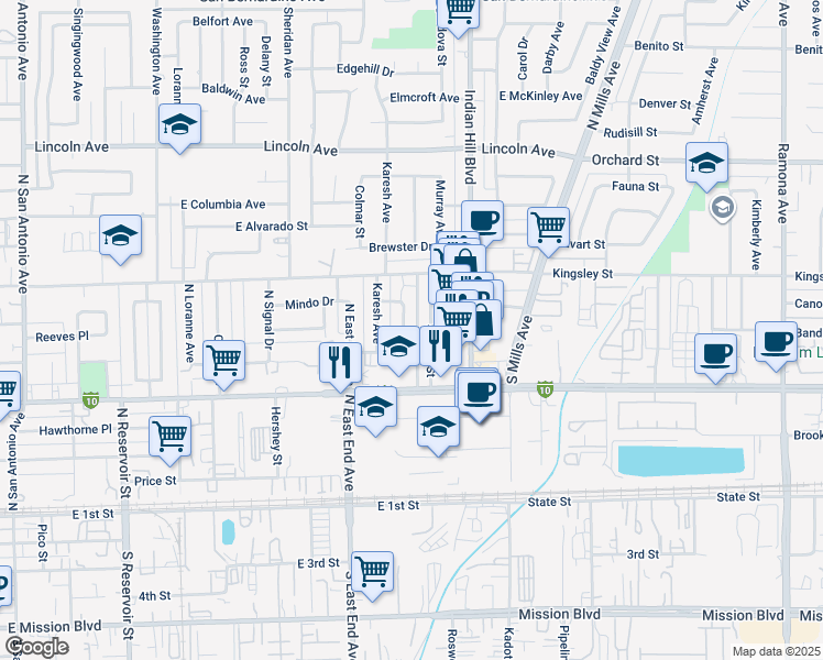 map of restaurants, bars, coffee shops, grocery stores, and more near 640 Abbey Ln in Pomona