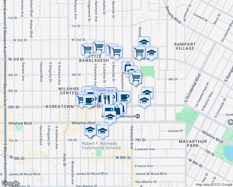 map of restaurants, bars, coffee shops, grocery stores, and more near 500 South Berendo Street in Los Angeles