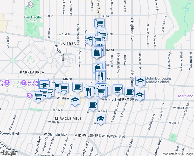 map of restaurants, bars, coffee shops, grocery stores, and more near 460 South La Brea Avenue in Los Angeles
