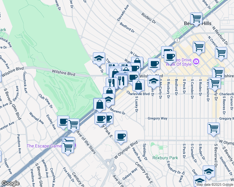 map of restaurants, bars, coffee shops, grocery stores, and more near 9939 North Santa Monica Boulevard in Beverly Hills