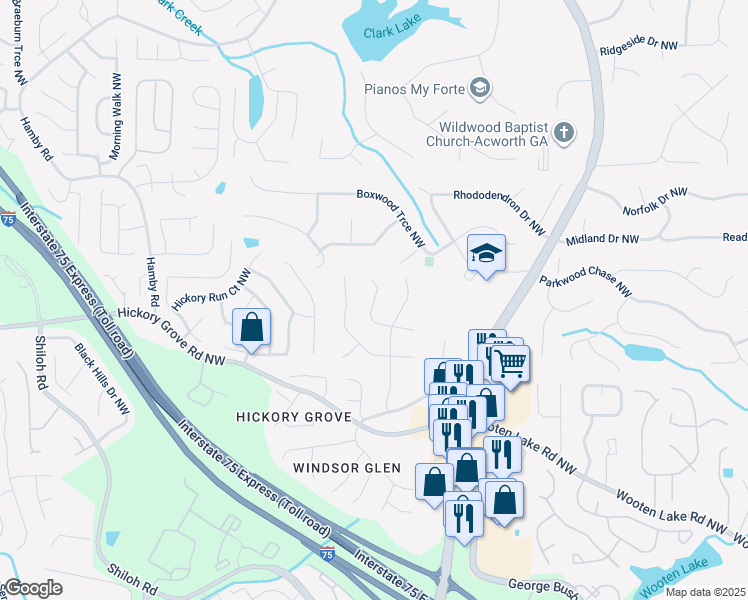 map of restaurants, bars, coffee shops, grocery stores, and more near 1740 Hickory Grove Way Northwest in Acworth