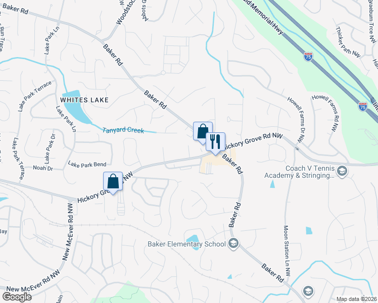map of restaurants, bars, coffee shops, grocery stores, and more near 2700 Hickory Grove Road Northwest in Acworth