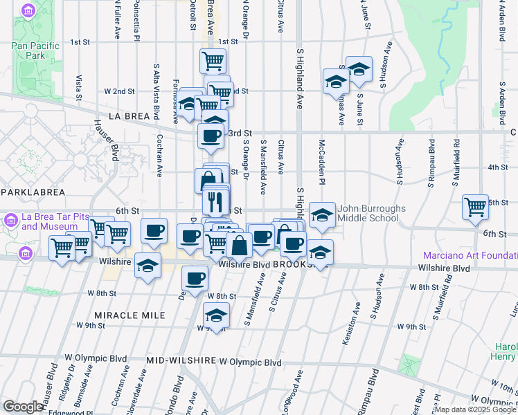 map of restaurants, bars, coffee shops, grocery stores, and more near 475 South Mansfield Avenue in Los Angeles