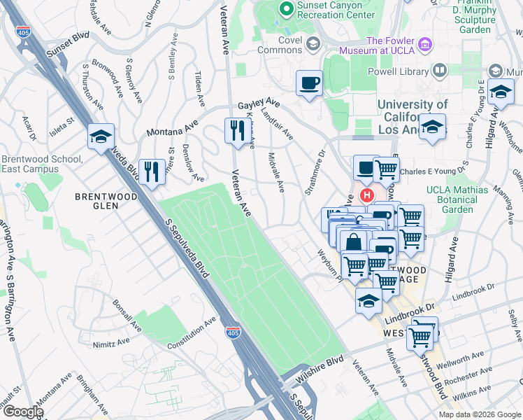 map of restaurants, bars, coffee shops, grocery stores, and more near 655 Kelton Avenue in Los Angeles