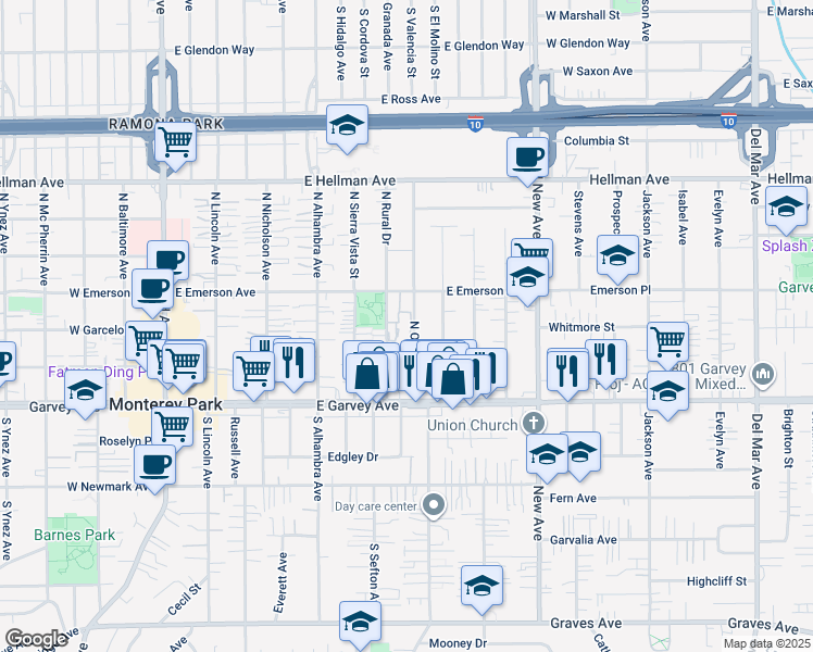 map of restaurants, bars, coffee shops, grocery stores, and more near 233 North Orange Avenue in Monterey Park