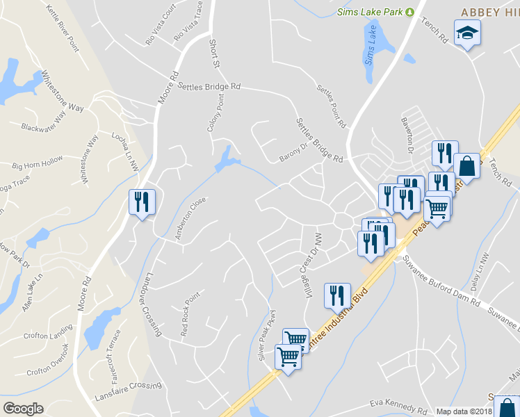 map of restaurants, bars, coffee shops, grocery stores, and more near 4659 Arbor Crest Place in Suwanee