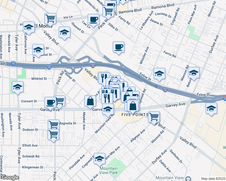 map of restaurants, bars, coffee shops, grocery stores, and more near 11811 Valley Blvd in El Monte