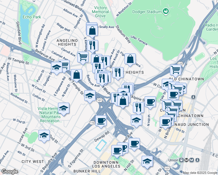 map of restaurants, bars, coffee shops, grocery stores, and more near 1038 Bartlett Street in Los Angeles
