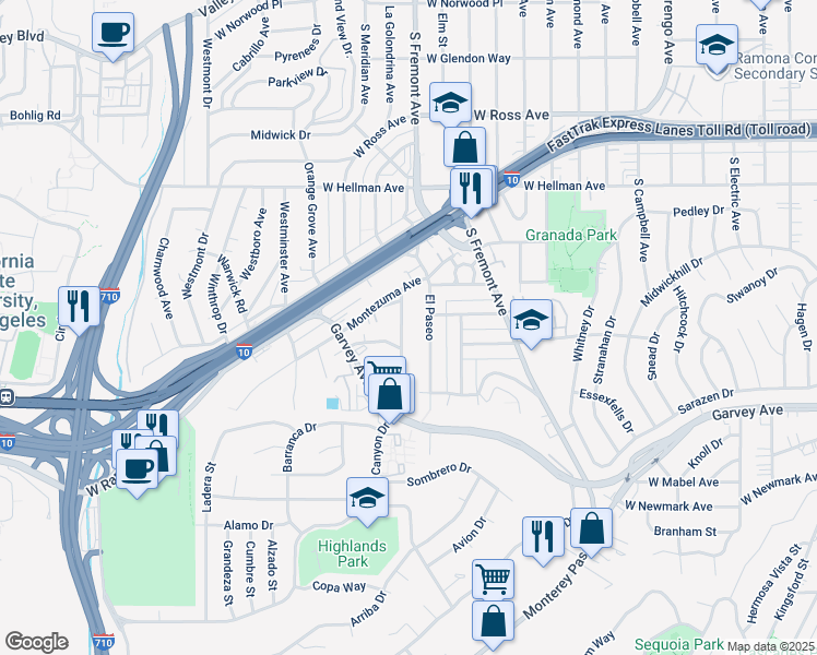 map of restaurants, bars, coffee shops, grocery stores, and more near 2424 Florentina Avenue in Alhambra